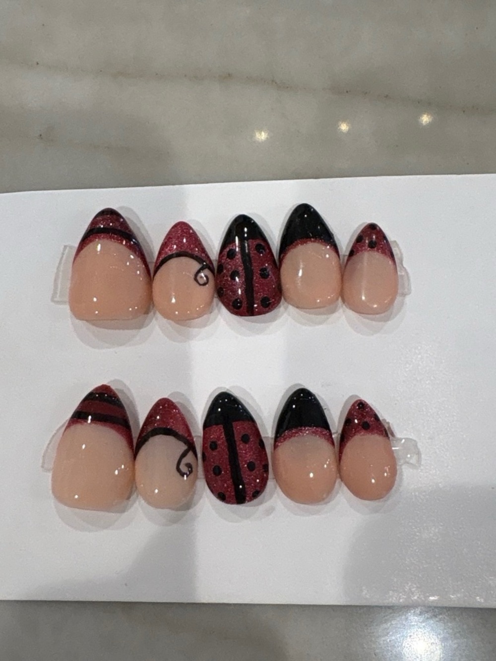 Nude & Burgundy Glitter Ladybug Press-On Nails - Chic French Tip Set